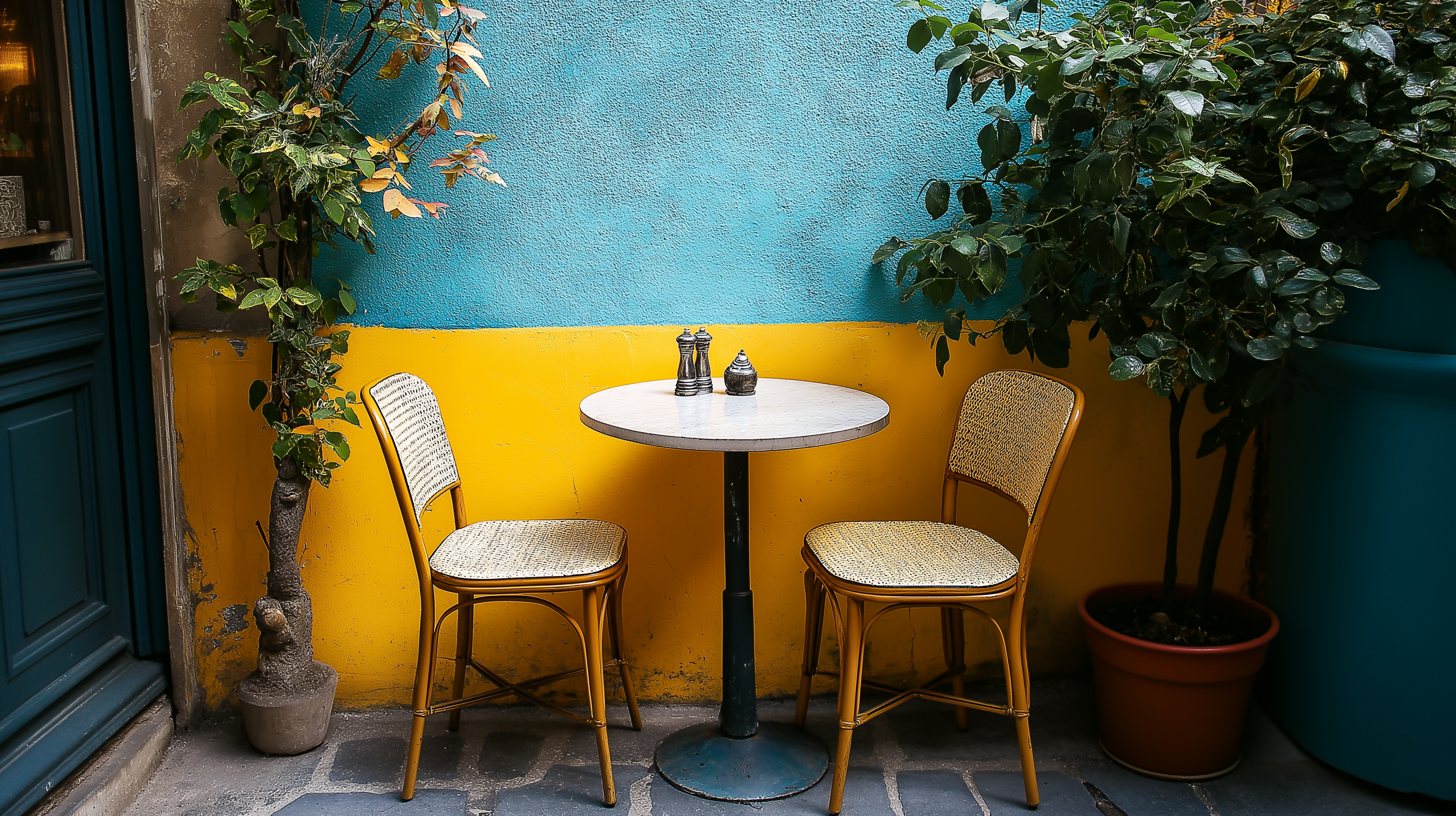 Esquina bohemia en tonos turquesa y amarillo.